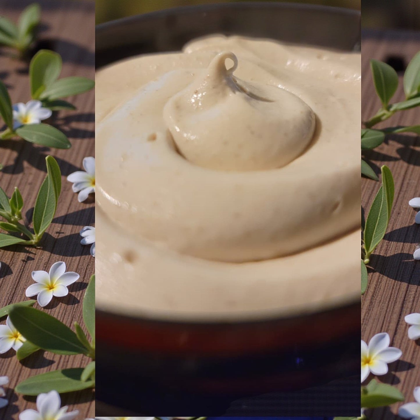 Haven Bliss Skincare Clove & Bay Body Cream in a jar, ivory whipped texture with a swirl on top.