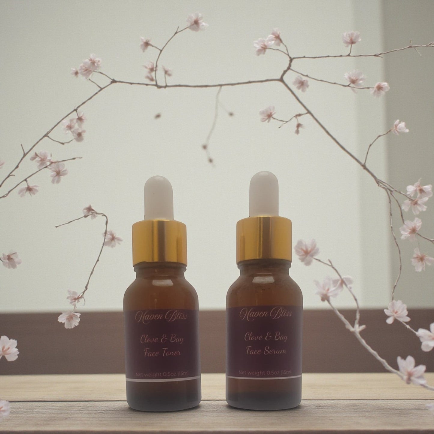 Haven Bliss Skincare Clove & Bay Ritual Duo, two 15ml amber glass bottles with gold droppers, face toner and face serum.