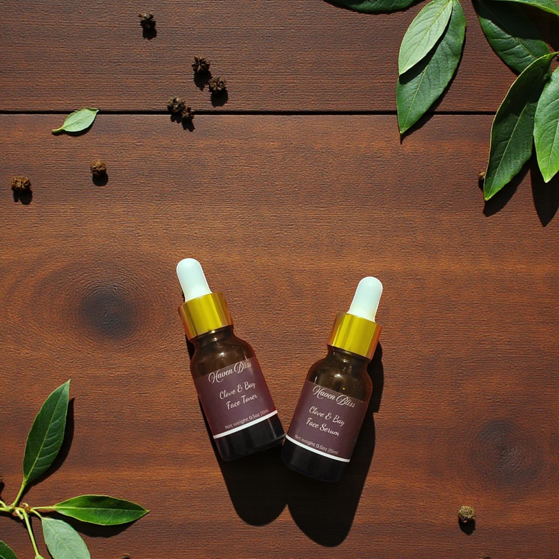 Haven Bliss Skincare Clove & Bay Ritual Duo, two 15ml amber glass bottles with droppers, one toner and one serum.