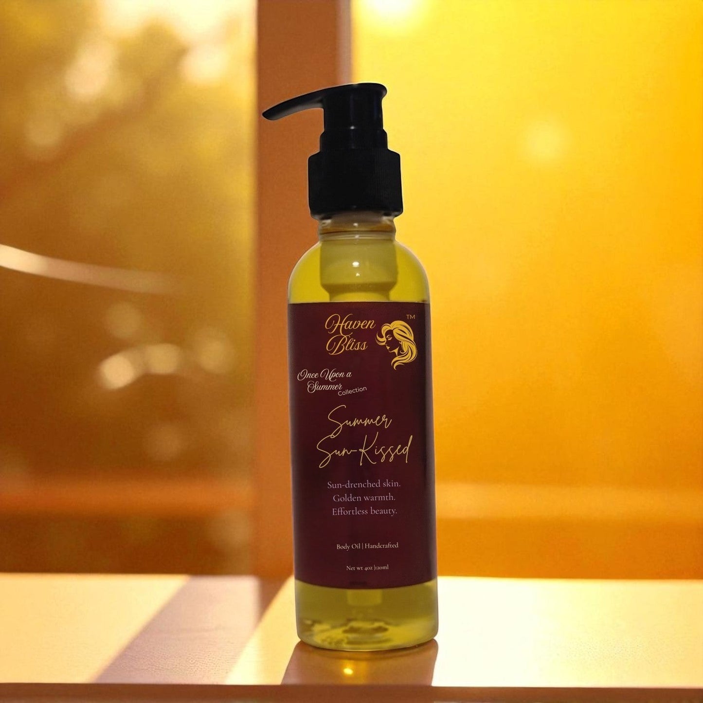 Haven Bliss Skincare Summer Sun-Kissed Radiant Body Oil 4oz with jojoba, apricot kernel, grapeseed, castor oil, vitamin E, MCT, coco caprylate, and calendula extract.