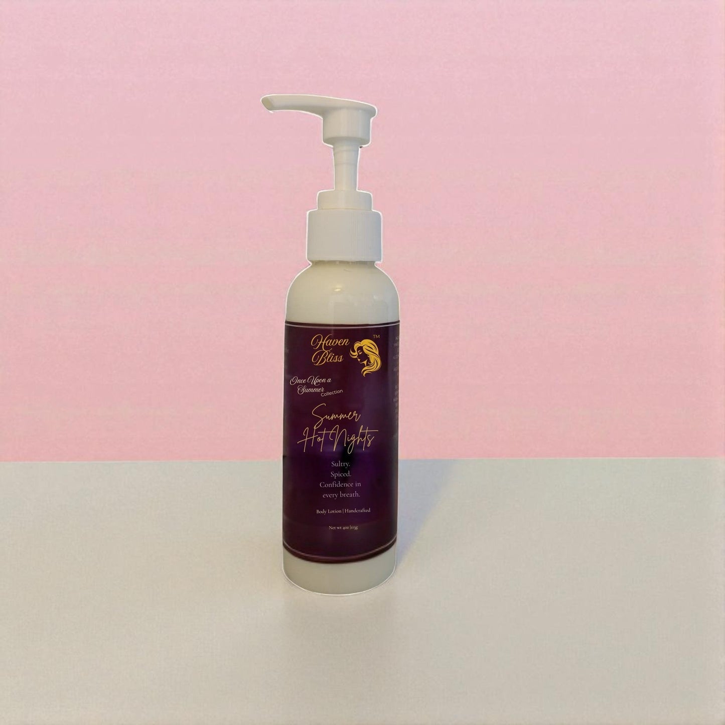 Haven Bliss Skincare Summer Hot Nights hydrating body lotion with aloe vera, shea butter, apricot, and green tea. 4oz bottle.