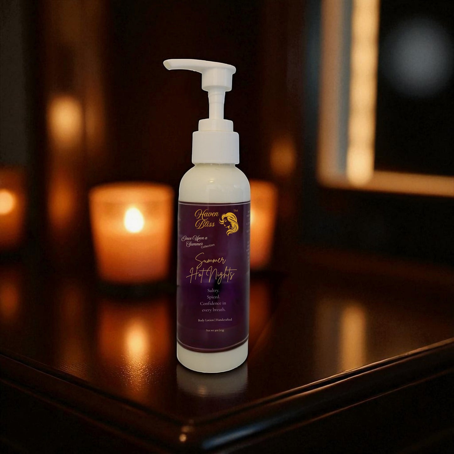 Haven Bliss Skincare Summer Hot Nights hydrating body lotion with pineapple, mango, and strawberry scent. 4oz bottle.