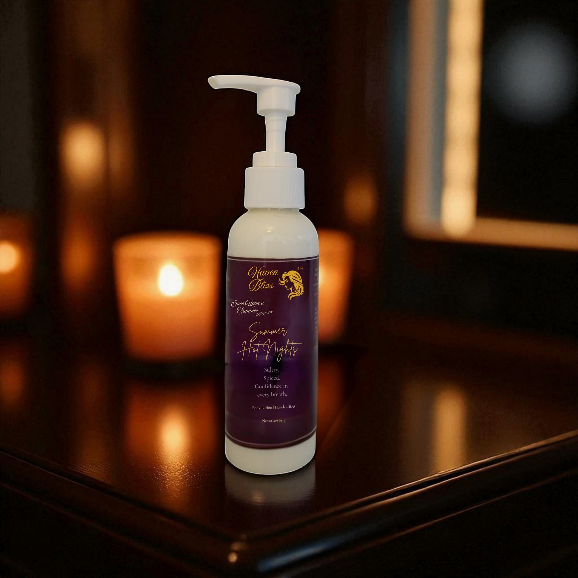 Haven Bliss Skincare Summer Hot Nights hydrating body lotion with pineapple, mango, and strawberry scent. 4oz bottle.