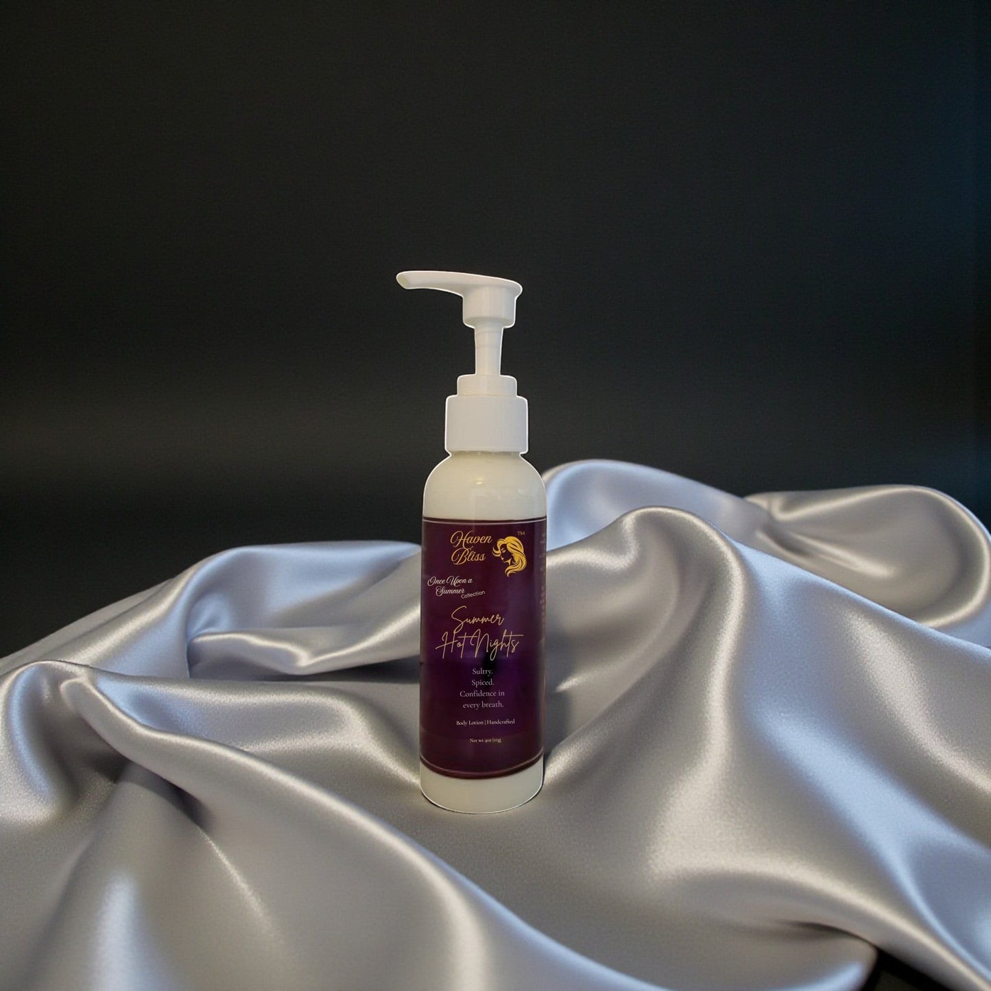 Haven Bliss Skincare Summer Hot Nights Hydrating Body Lotion with pump dispenser, 4oz bottle on silver satin.
