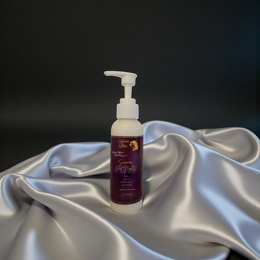 Haven Bliss Skincare Summer Hot Nights Hydrating Body Lotion with pump dispenser, 4oz bottle on silver satin.